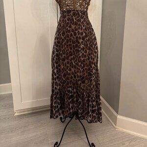 By Together | Leopard Print Midi Skirt with Slit & Ruffle Hem | Brown | Large